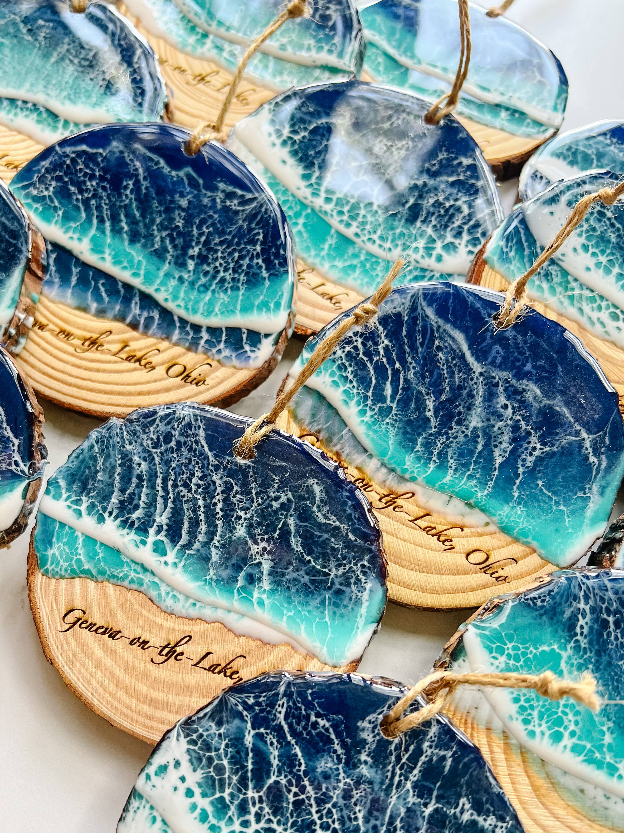 Citrus Waves Art - Wholesale Ornament - Custom Engraved Live Edge Wood Ornament3