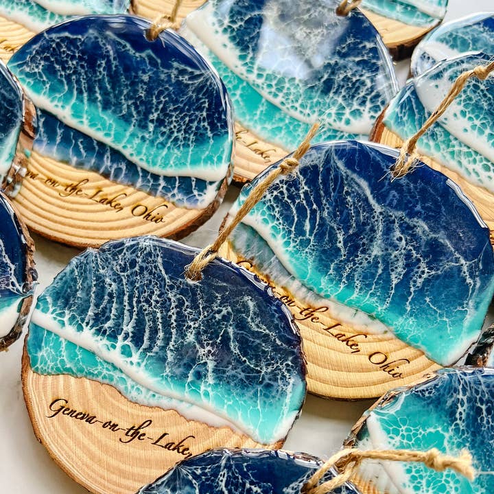 Citrus Waves Art - Wholesale Ornament - Custom Engraved Live Edge Wood Ornament3