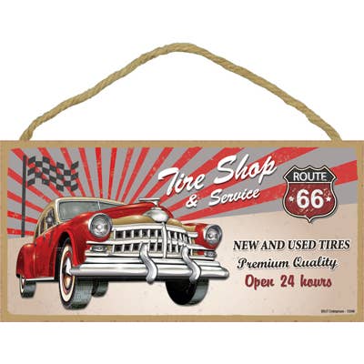Route 66 - Tire Shop & Service mit roter Autoholzplakette für den Großhandel von SJT Enterprises, Inc.