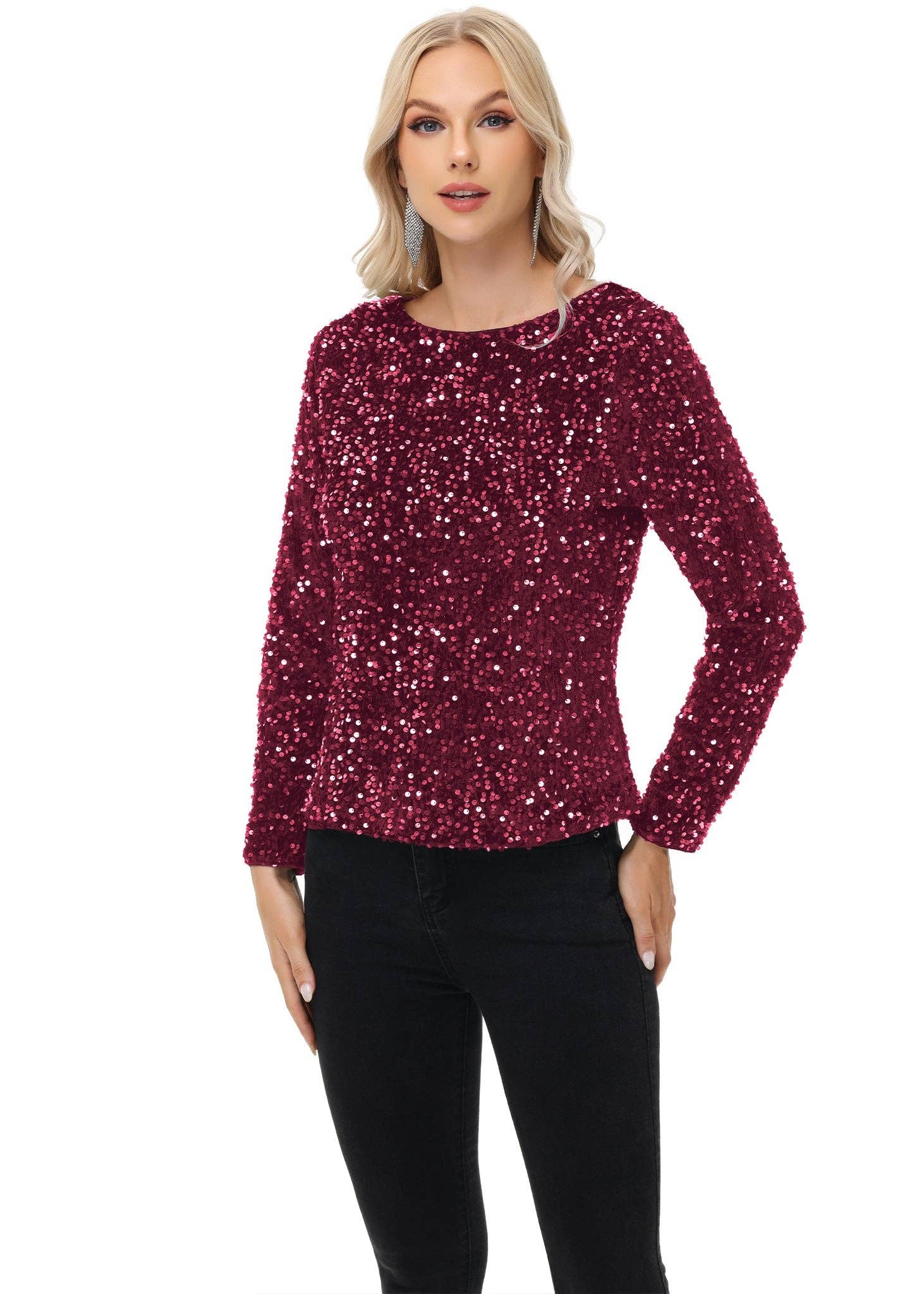 Anna Kaci Wholesale - Wholesale Blouse - Women's - Long Sleeve Sequin Tops Sparkly Glitter Evening Party17