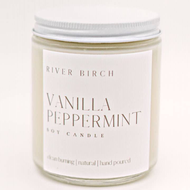 8.5oz Menta piperita alla vaniglia - Vaso trasparente - Candela di soia per la vendita all'ingrosso da parte di River Birch Candles