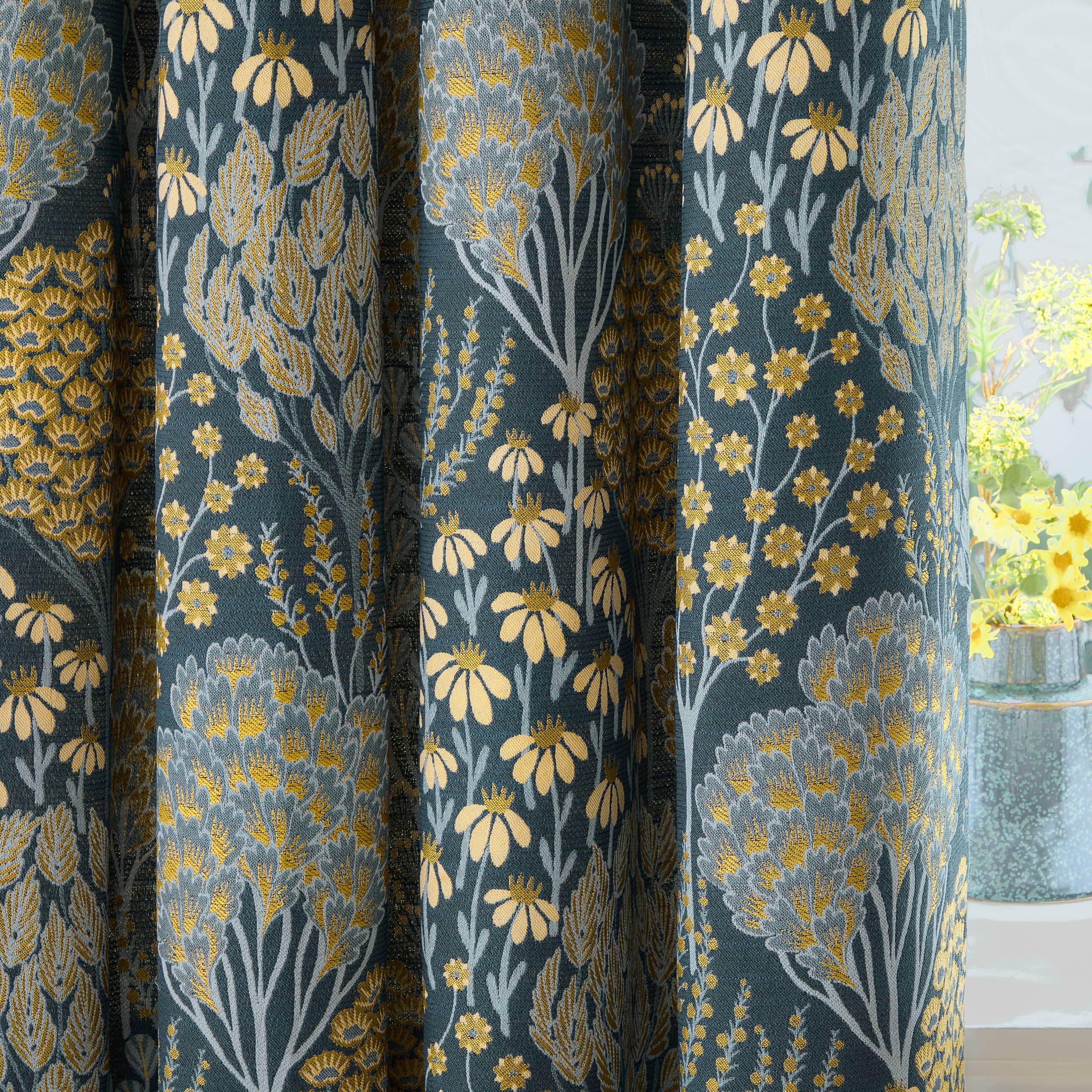 Blue Saffron Ophelia Jacquard Room Darkening Eyelet Curtains Blue/Saffron for wholesale on Faire4