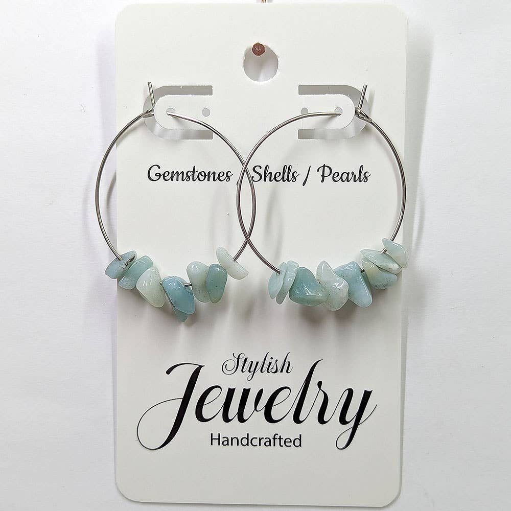 Stylish Jewelry Supply - Wholesale Dangle Earrings - Stainless Steel Hoop Aquamarine Gemstone Chips Earrings0