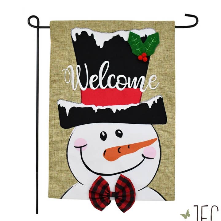 Decorazione Natalizia Pupazzo di Neve Cappello a Cilindro Benvenuto Bandiera da Giardino in Iuta a 2 Lati 12,5x18" per la vendita all'ingrosso da parte di JEC Home Goods Inc