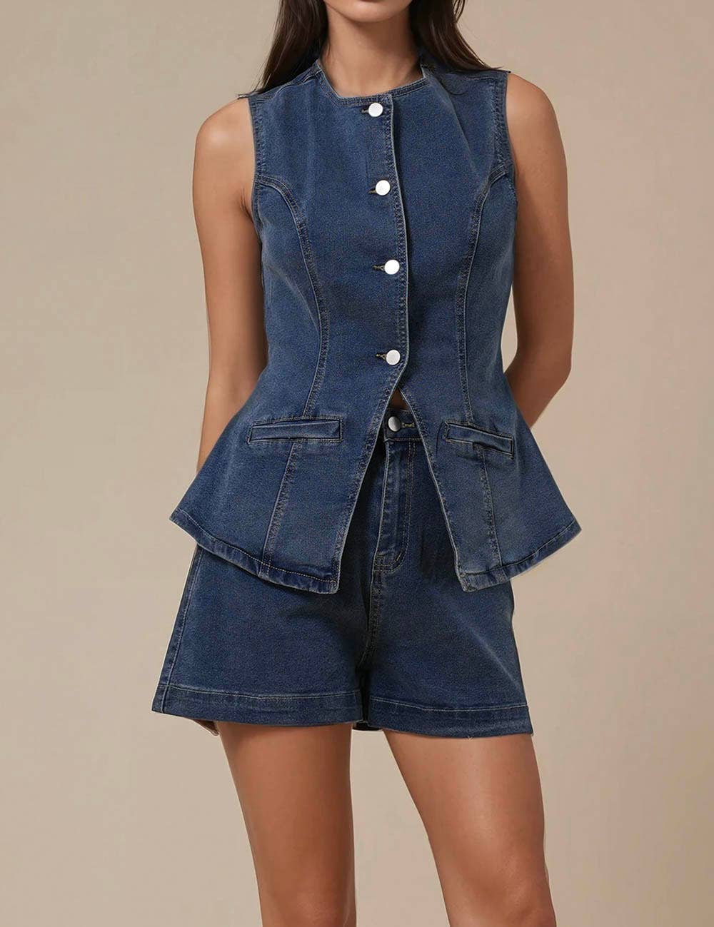 Sweetkama – wholesale Set med topp och shorts – Dam – Damset med ärmlös jeanslinne och shorts6