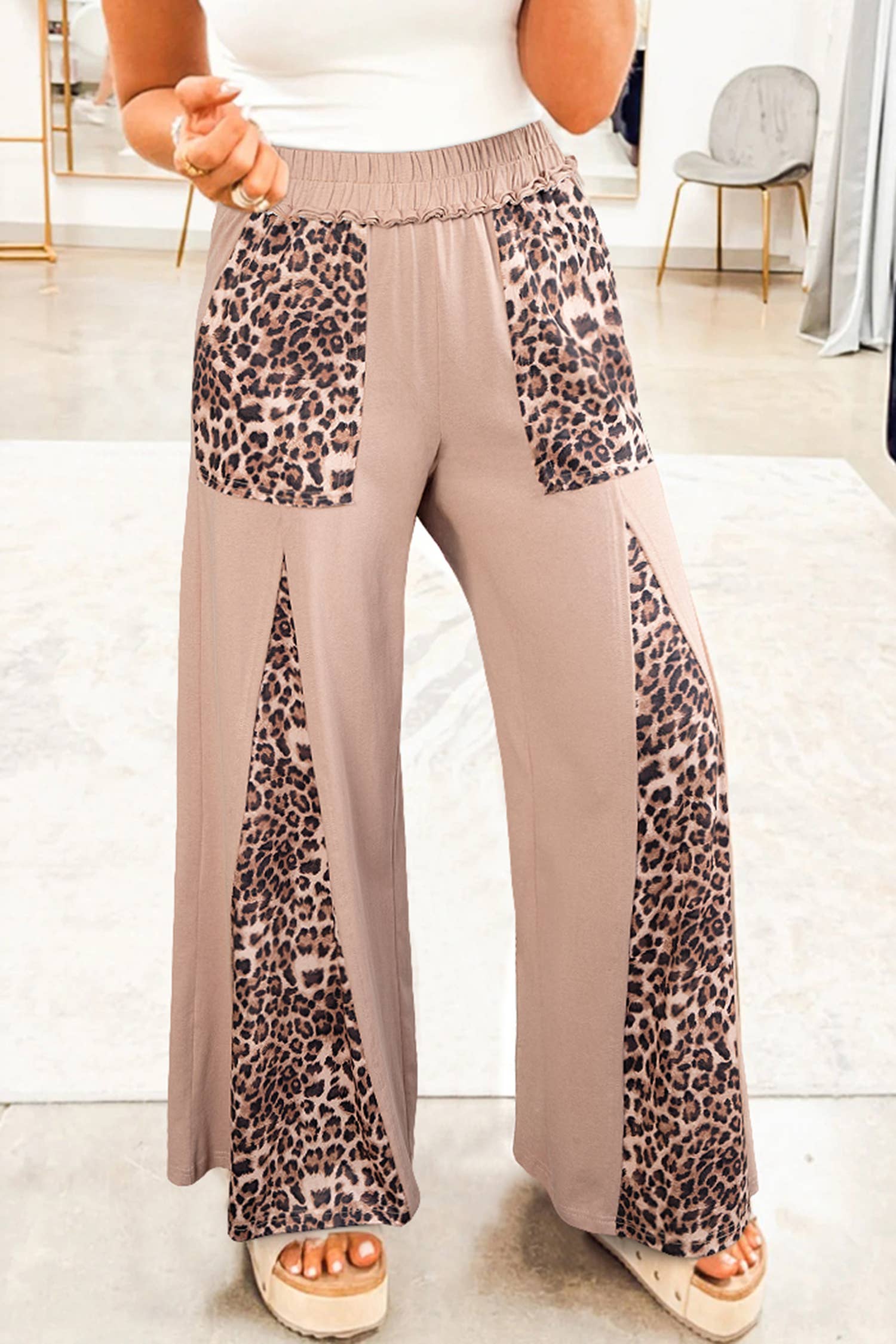 Straw Yellow Mineral Wash Leopard Plus Size Wide Leg Pants (S-4X) for wholesale on Faire0