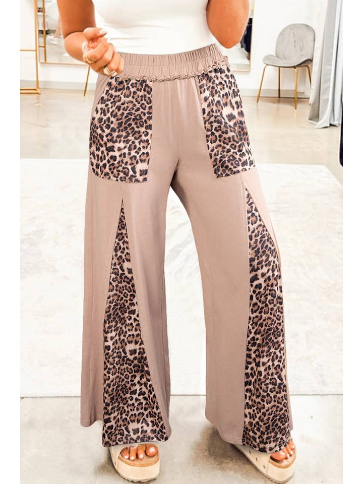 Straw Yellow Mineral Wash Leopard Plus Size Wide Leg Pants (S-4X) for wholesale on Faire