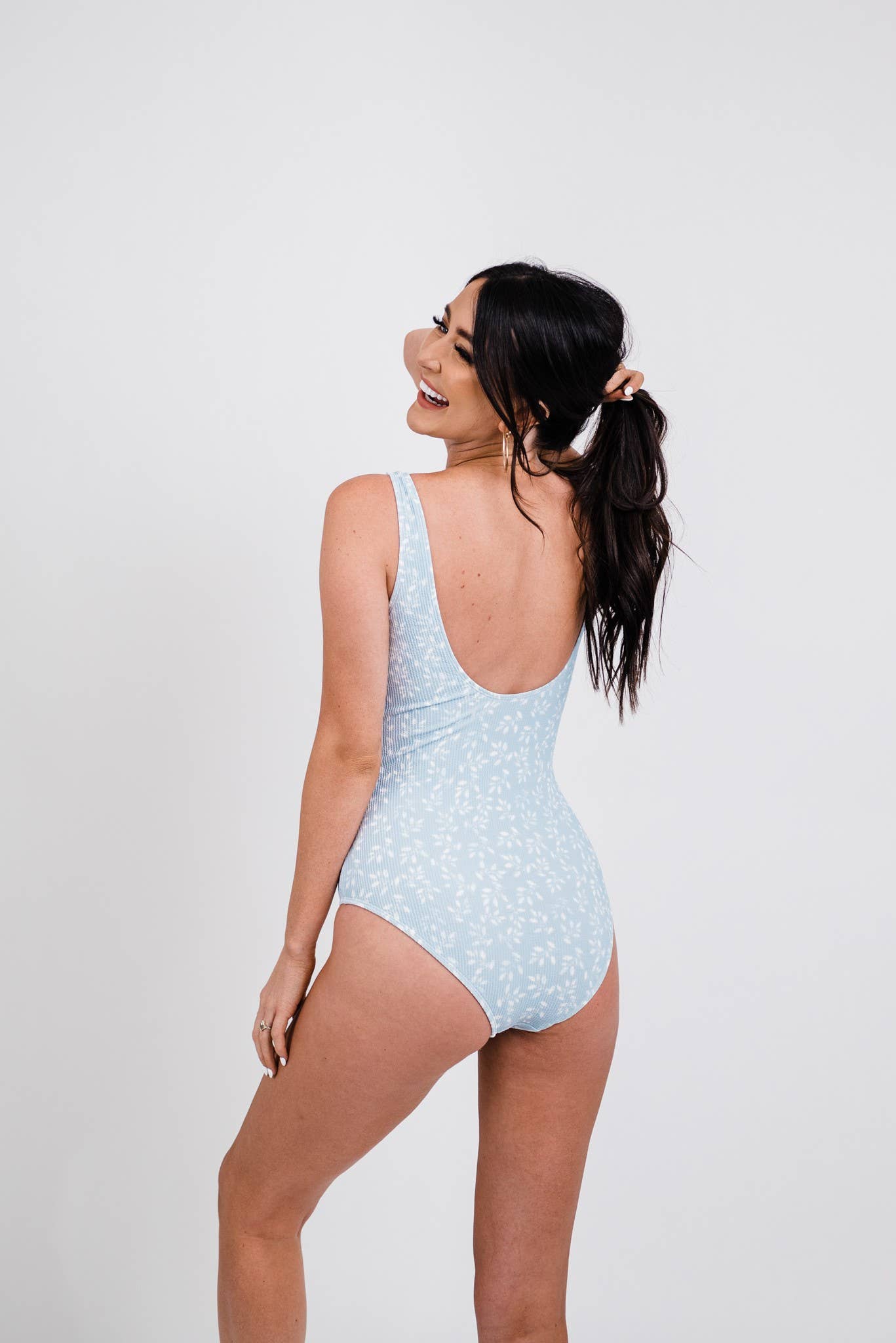 Powder Blue Leaf Print Backless One Piece for wholesale on Faire1