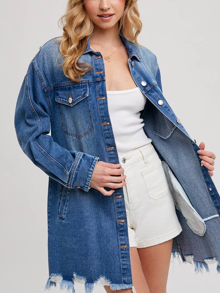 DISTRESSED FRAYED-TRIM DENIM SHIRT JACKET for wholesale by Bluivy