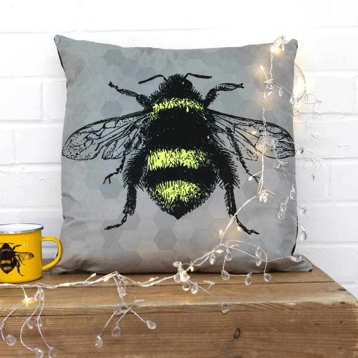 Grey Bee Velvet Cushion for wholesale by Kitsch Republic