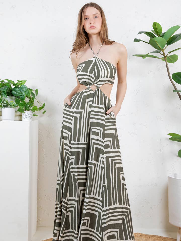 Miss Avenue - Wholesale Jumpsuit - Dames - DM4099 GEDRUKTE HALTERNEK MET OPEN RUG UITGESNEDEN JUMPSUIT