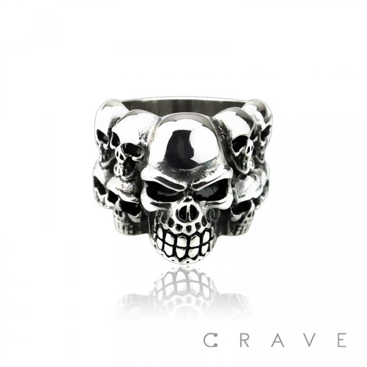 SS MULTIPLE DOOMED SKULLS RING for wholesale by CRAVE BODY JEWELRY