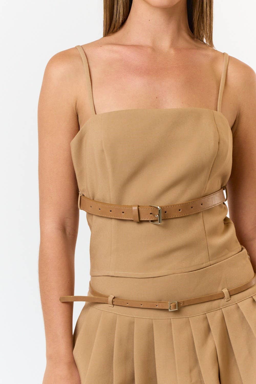 Blue Blush - Wholesale Top & Skirt Set - Women's - IBS31066 Belted Top and Pleated Mini Skirt Set2