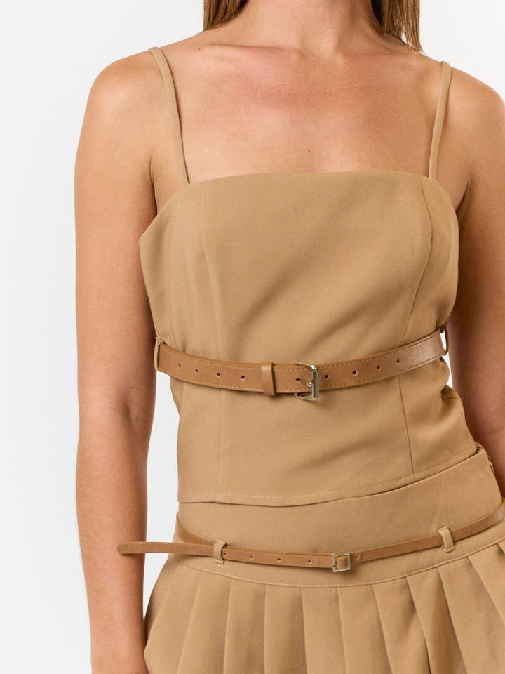 Blue Blush - Wholesale Top & Skirt Set - Women's - IBS31066 Belted Top and Pleated Mini Skirt Set2