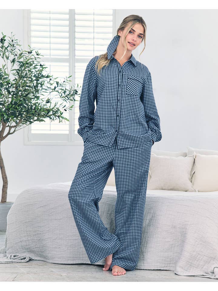 Chelsea Peers – wholesale Sleepwear set – Women's – Organic Cotton Gingham Check Long Pyjama Set - Blue1