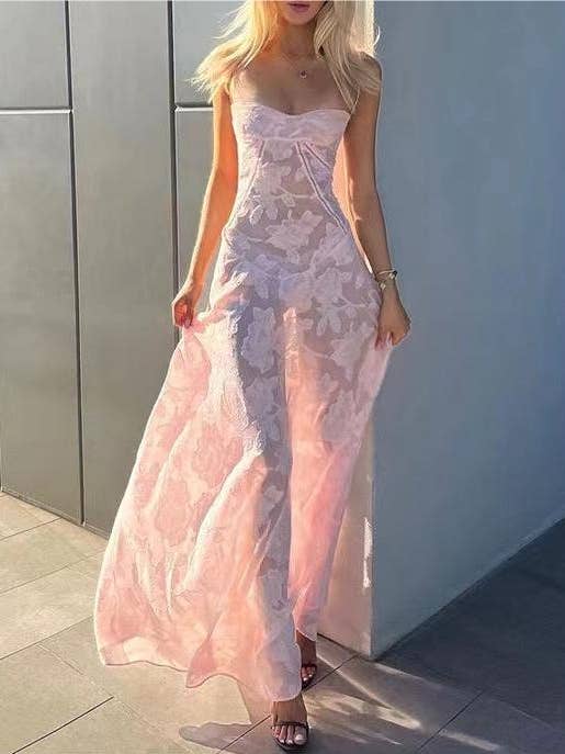 Pink Sexy Sheer Mesh Slip Floral Maxi Dress for wholesale on Faire1