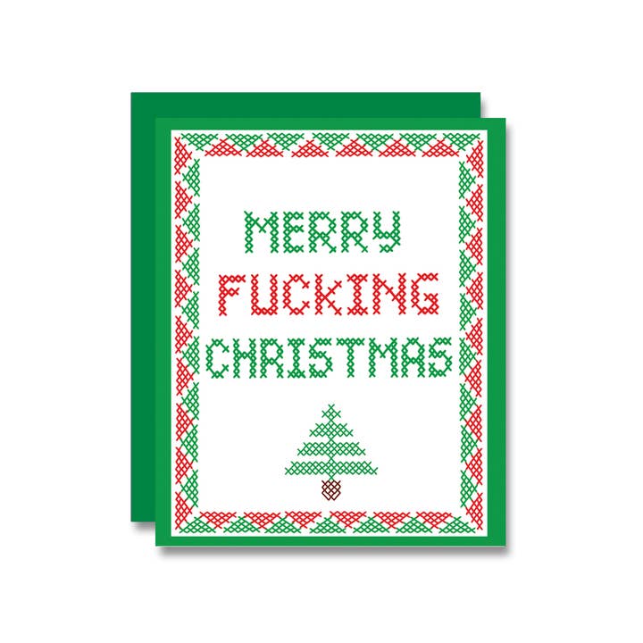 Merry F-ing Christmas, Cross Stitch Holiday Card for wholesale by PapaLlama