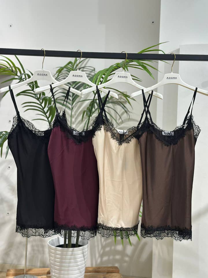 Lace-trimmed satin top for wholesale by ADORA