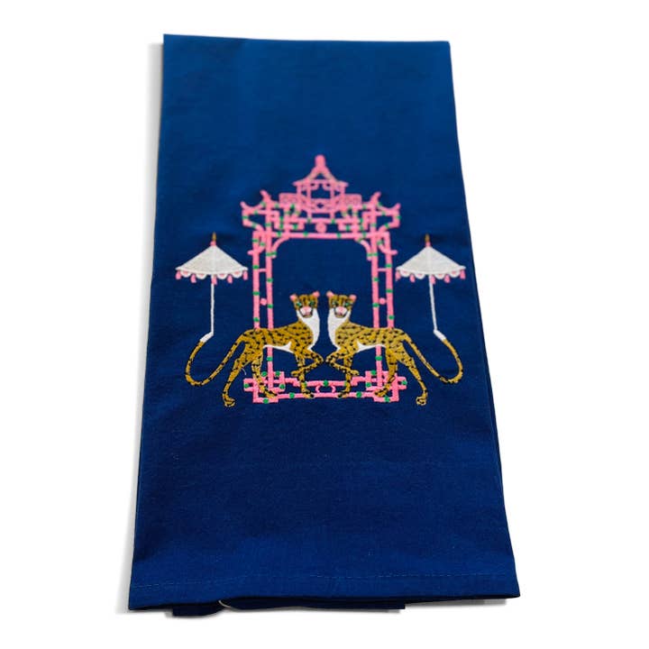 Towel - Cheetah with Umbrella by Pagoda Chinoiserie on navy for wholesale by Vibrantly Blue