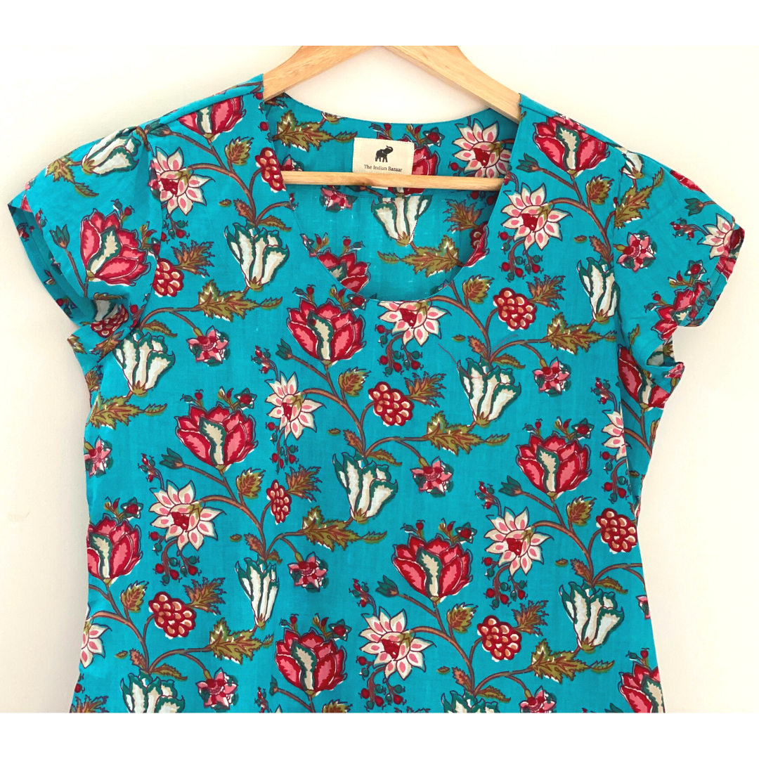 The Indian Bazaar - Wholesale Blouse - Dames - Dames Top - Relaxed Fit Ronde U-hals bloembladmouw Turquoise1