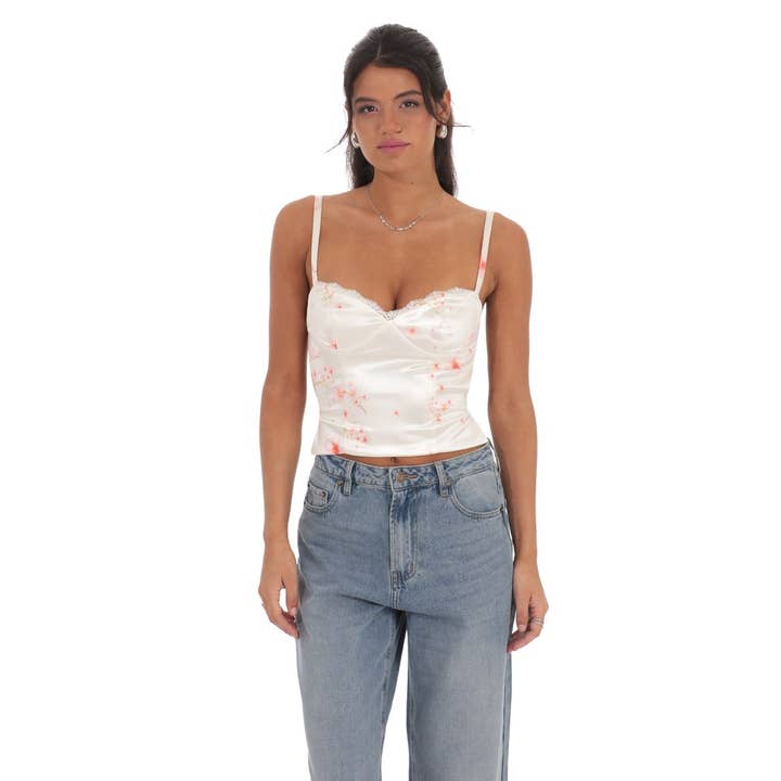 Floral Satin Open Back Tie Top in Cream for wholesale by Lucy In The Sky