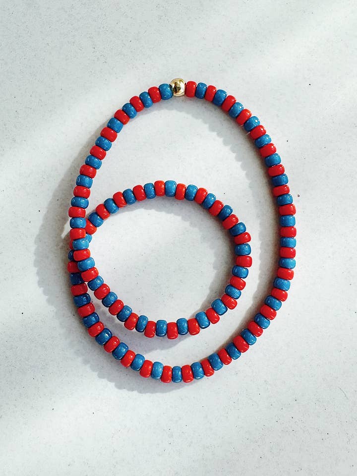 Mini Stripe Stretch Beaded Bracelet - blue / red for wholesale by On the Lookout Jewelry