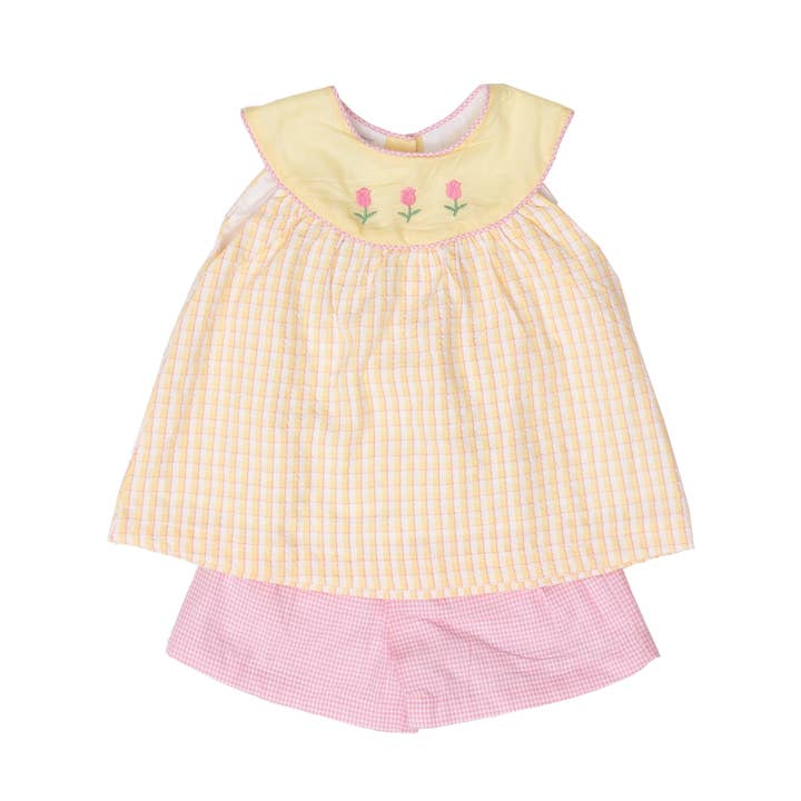 The Oaks Apparel Company - Vente Ensemble haut et short – enfant - Ensemble court Juliette à carreaux jaunes et roses pour enfant0