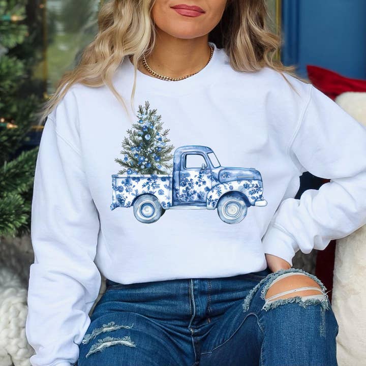 Chinoiserie Christmas Tree Shirt, Blue White Floral Sweater for wholesale by NVC Ecommerce LLC