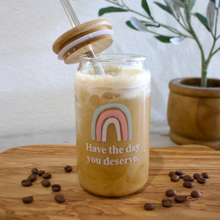 Olive & Emma - Wholesale Drinking Glass/Cup - Rainbow Iced Coffee Glass Cup with Bamboo Lid and Straw
