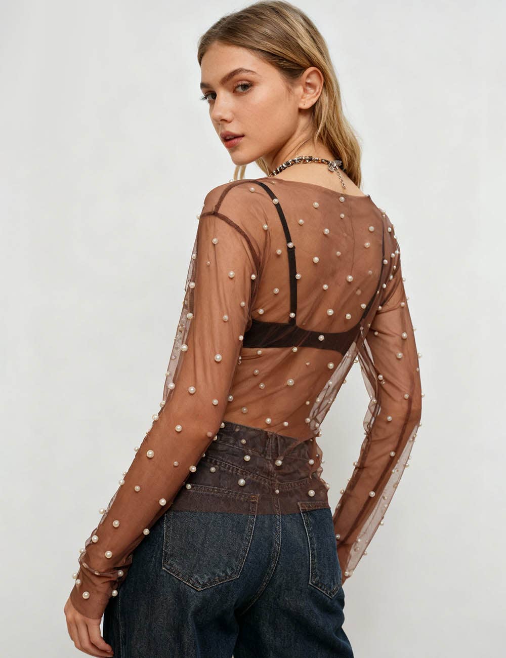 Sweetkama - Wholesale Blouse - Women's - Sparkle Pearl Studded Sheer Mesh See Through Top SKT2106913