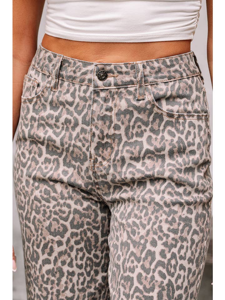 Brown Leopard Frayed Edge Wide Leg Jeans for wholesale on Faire4