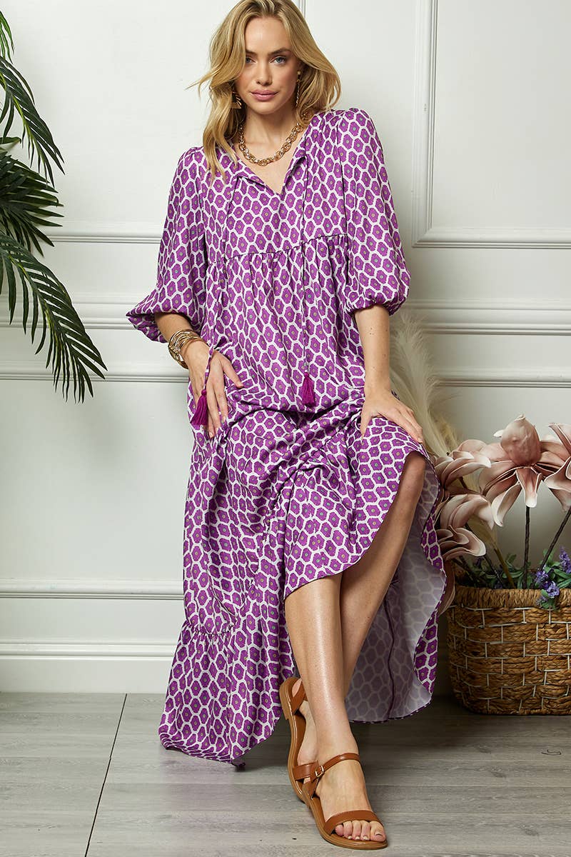 Purple Print Three Quarter Puff Sleeve Maxi Dress for wholesale on Faire1