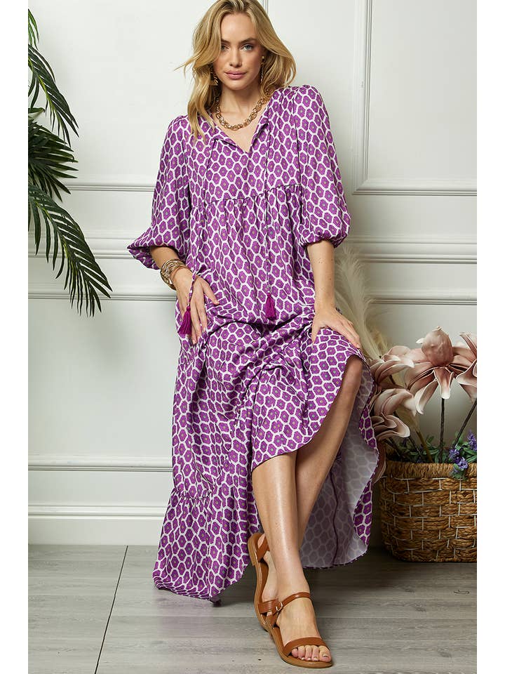 Purple Print Three Quarter Puff Sleeve Maxi Dress for wholesale on Faire1