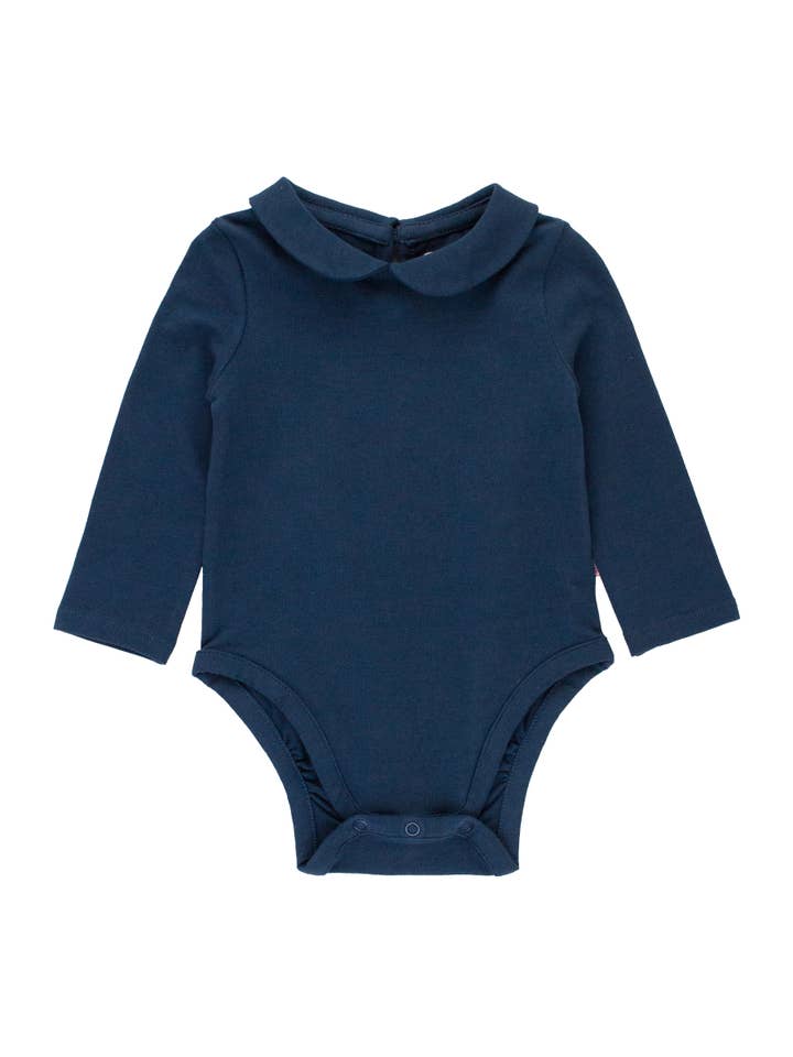 Baby Girls Dark Navy Peter Pan Collar Bodysuit for wholesale by RuffleButts + RuggedButts
