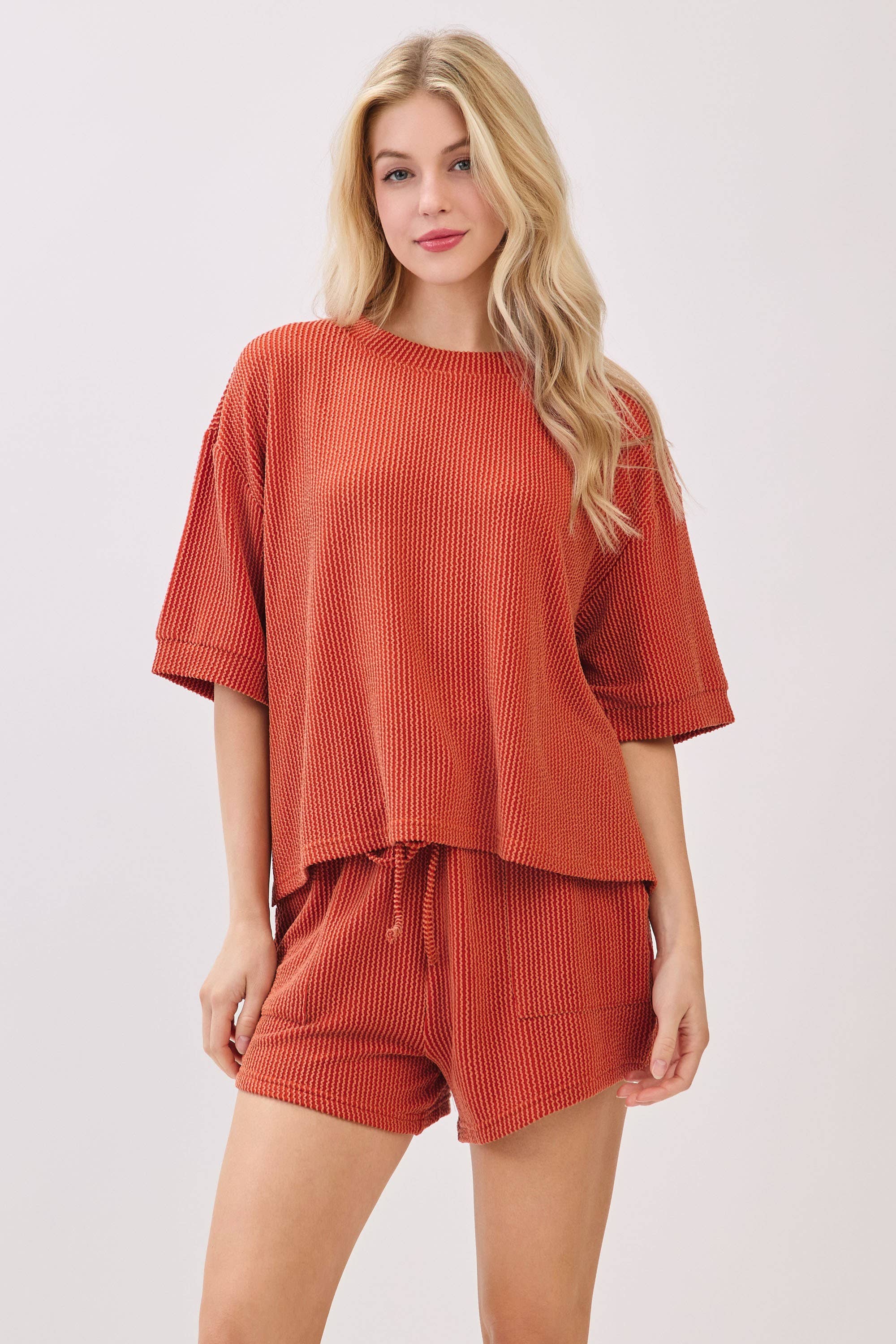 Sewn and Seen - Wholesale Lounge Set - Women's - RIBBED ROUND NECK TOP AND SHORTS SET45