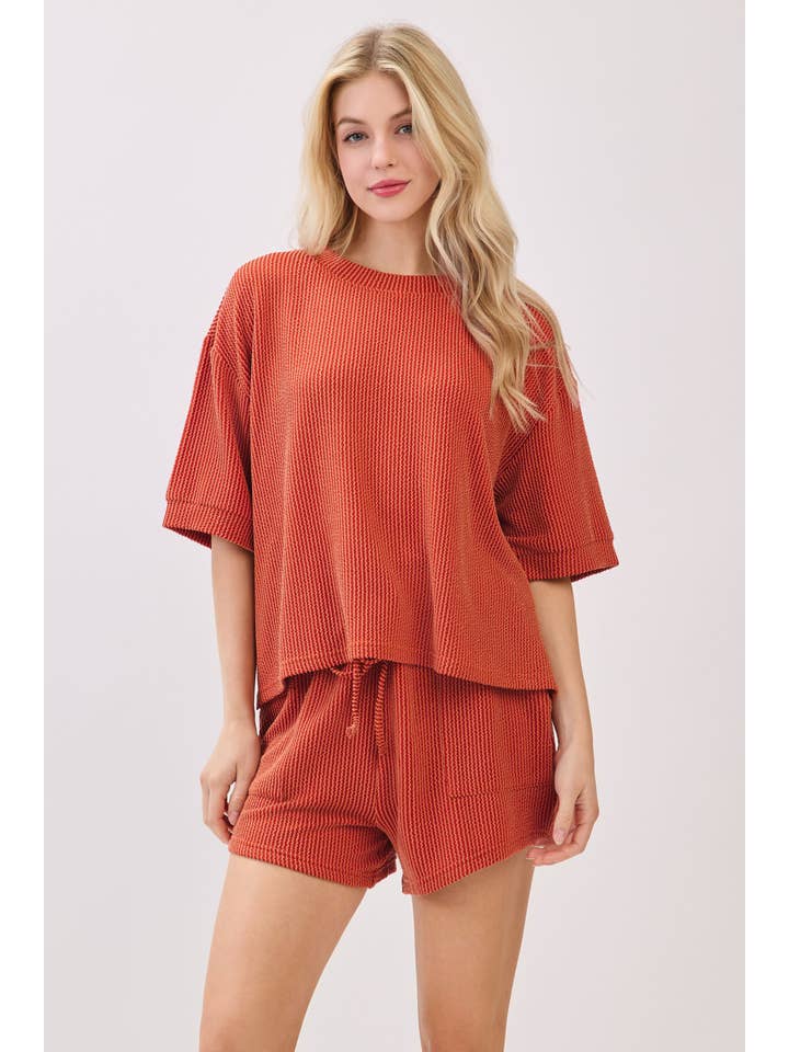 Sewn and Seen - Wholesale Lounge Set - Women's - RIBBED ROUND NECK TOP AND SHORTS SET45