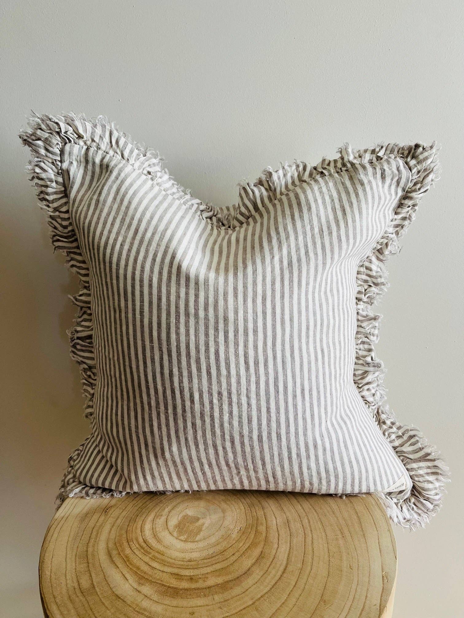 Mama and Tochter - Wholesale Throw Pillow Cover - Pure French Linen Frayed Edge Ruffle Cushion Cover - Grey Stripe1