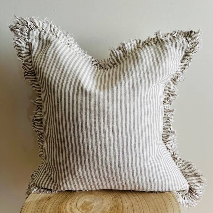 Mama and Tochter - Wholesale Throw Pillow Cover - Pure French Linen Frayed Edge Ruffle Cushion Cover - Grey Stripe1