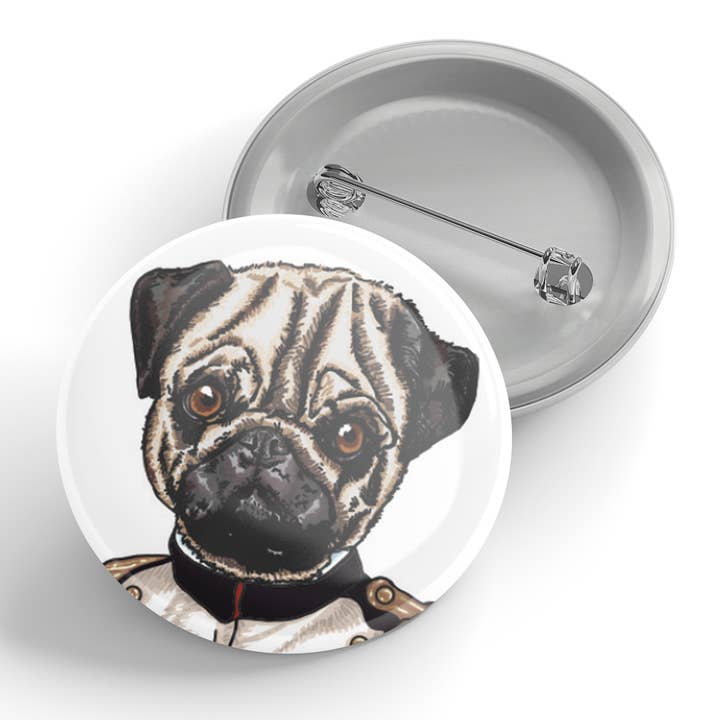 Fancy Pug Button for wholesale by Black River Letterpress & Paper Co.