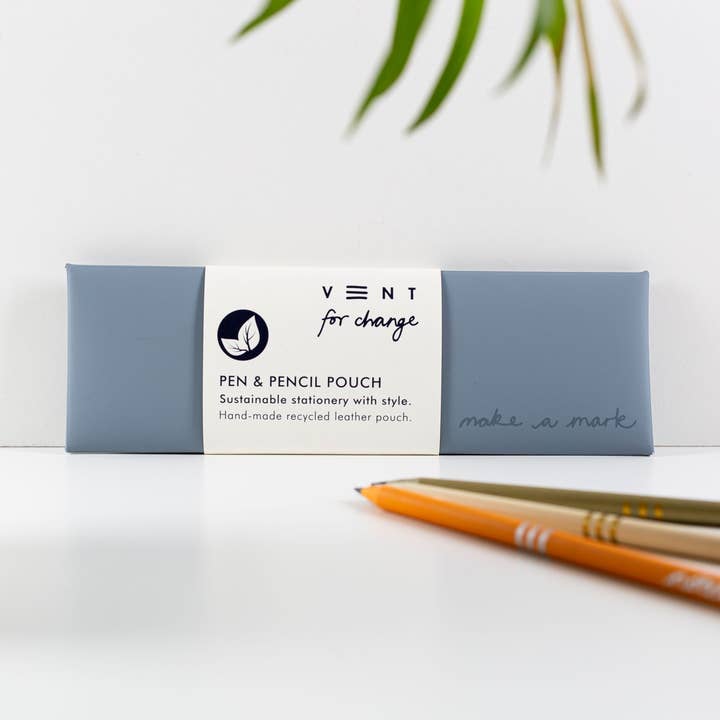 Pen / Pencil Pouch Recycled Leather -Dusty Blue for wholesale by VENT for Change USA