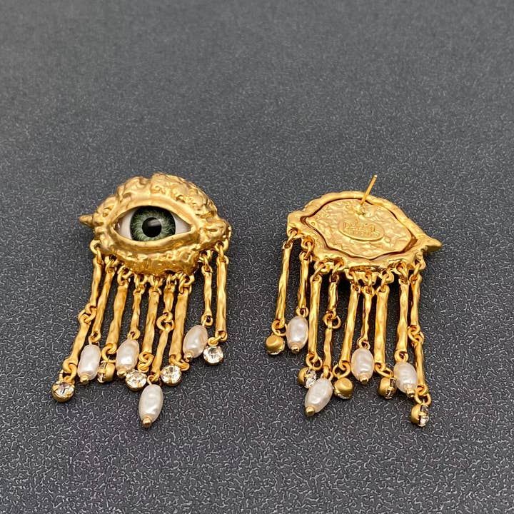Mio Queena - Vente Boucles d'oreilles à pampille - Boucles d'oreilles à pompons en métal Turkey Evil Eye avec perles et zircone cubique1