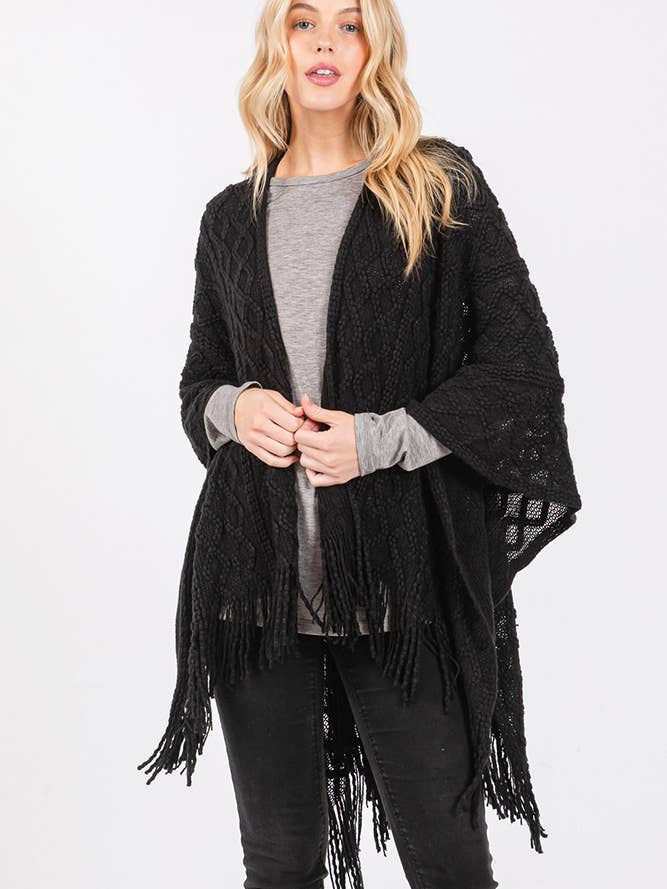Hana – wholesale Cardigan – Women’s – Diamond Pattern Tassel Knit Ruana Winter Cardigan1