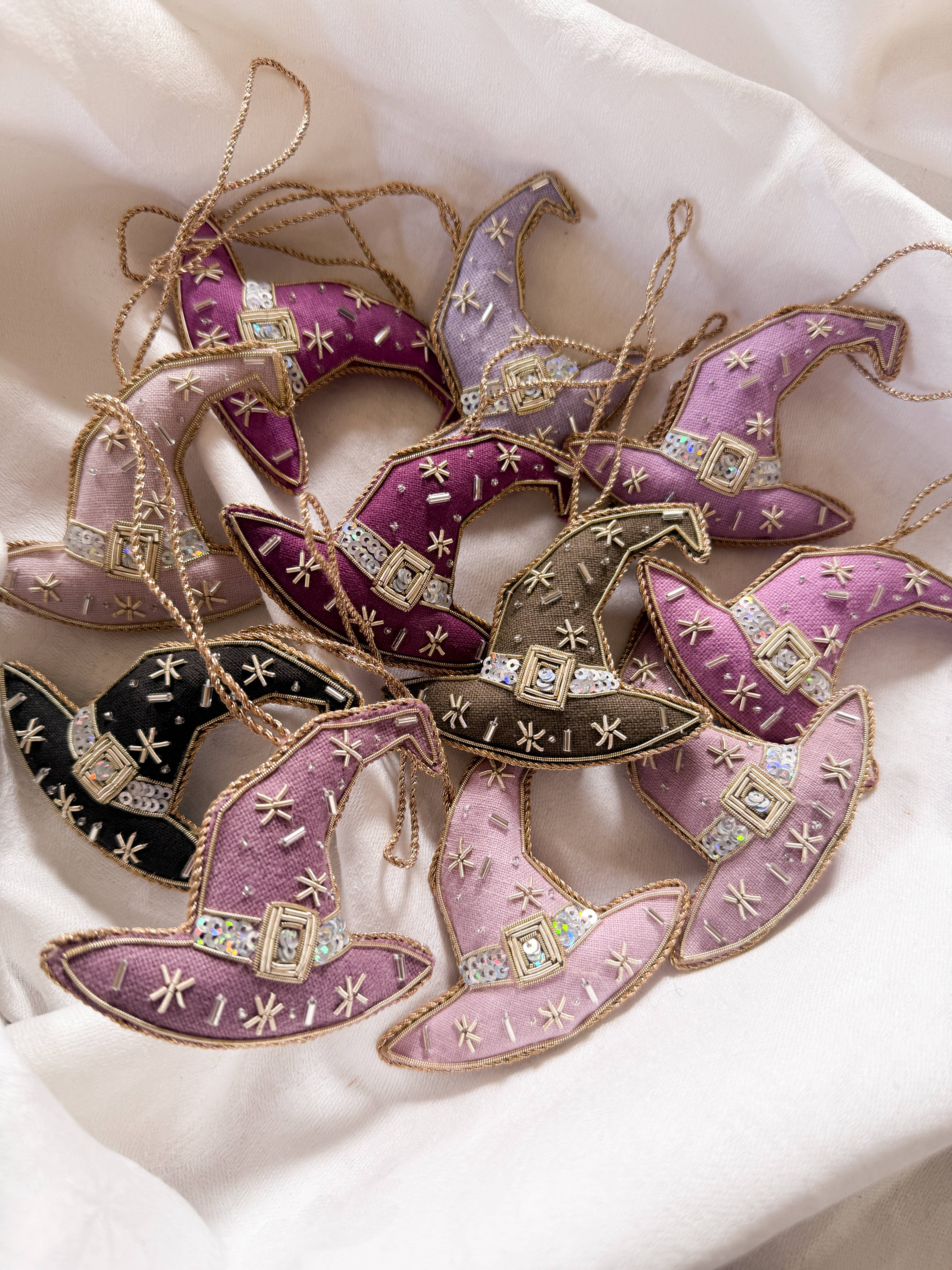 Katie Larmour Linen – wholesale Ornament – Midnight Mauve Purple Handmade Witches Hat Linen Halloween3