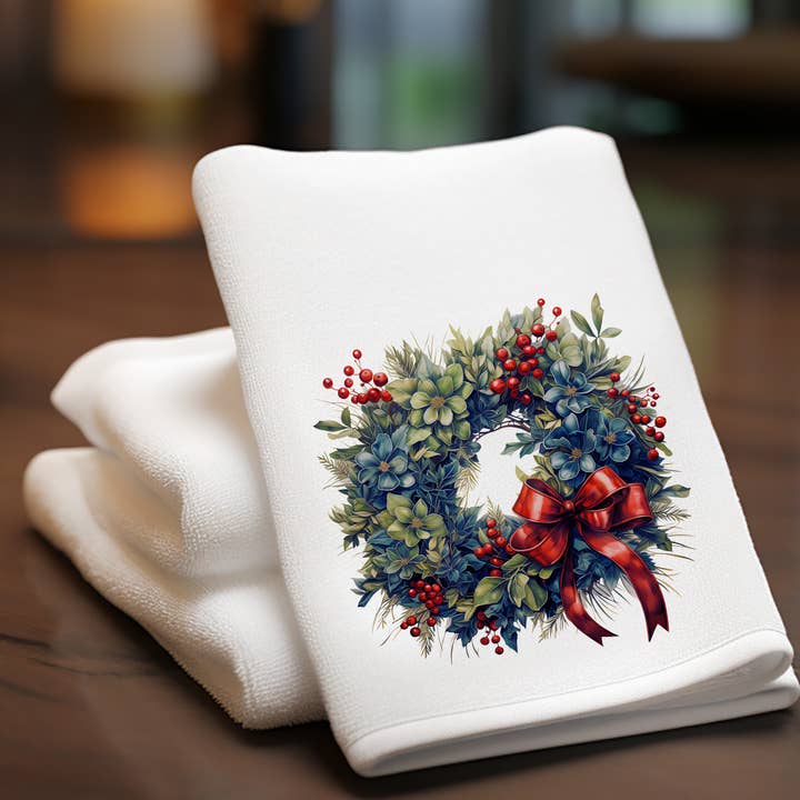 Holiday Fingertip Towel with Wreath Decor for Christmas for wholesale by Fernville Creations