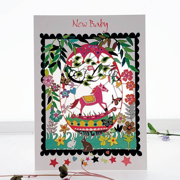 New Baby Card - Baby Girl Pink with Rocking Horse for wholesale by Forever Cards Ltd
