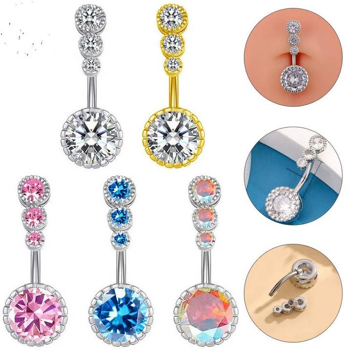 3 Gem CZ Belly Ring – Surgical Steel Piercing_CWMM9174 for wholesale by ACCITY