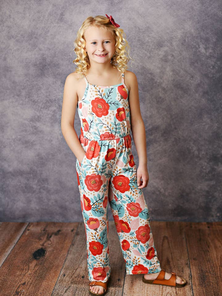 Oopsie Daisy - Wholesale Jumpsuit - Kids - Kids Sage & Coral Floral Summer Jumpsuit With Pockets