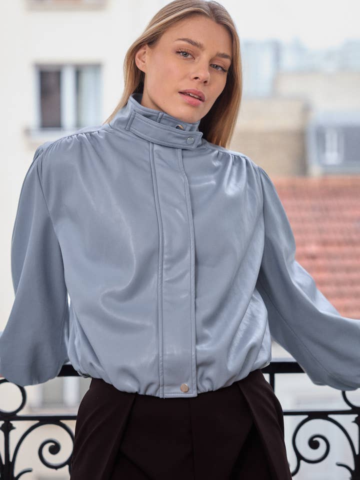 Faux leather jacket with balloon sleeves - rounded back for wholesale by KY CREATION PARIS
