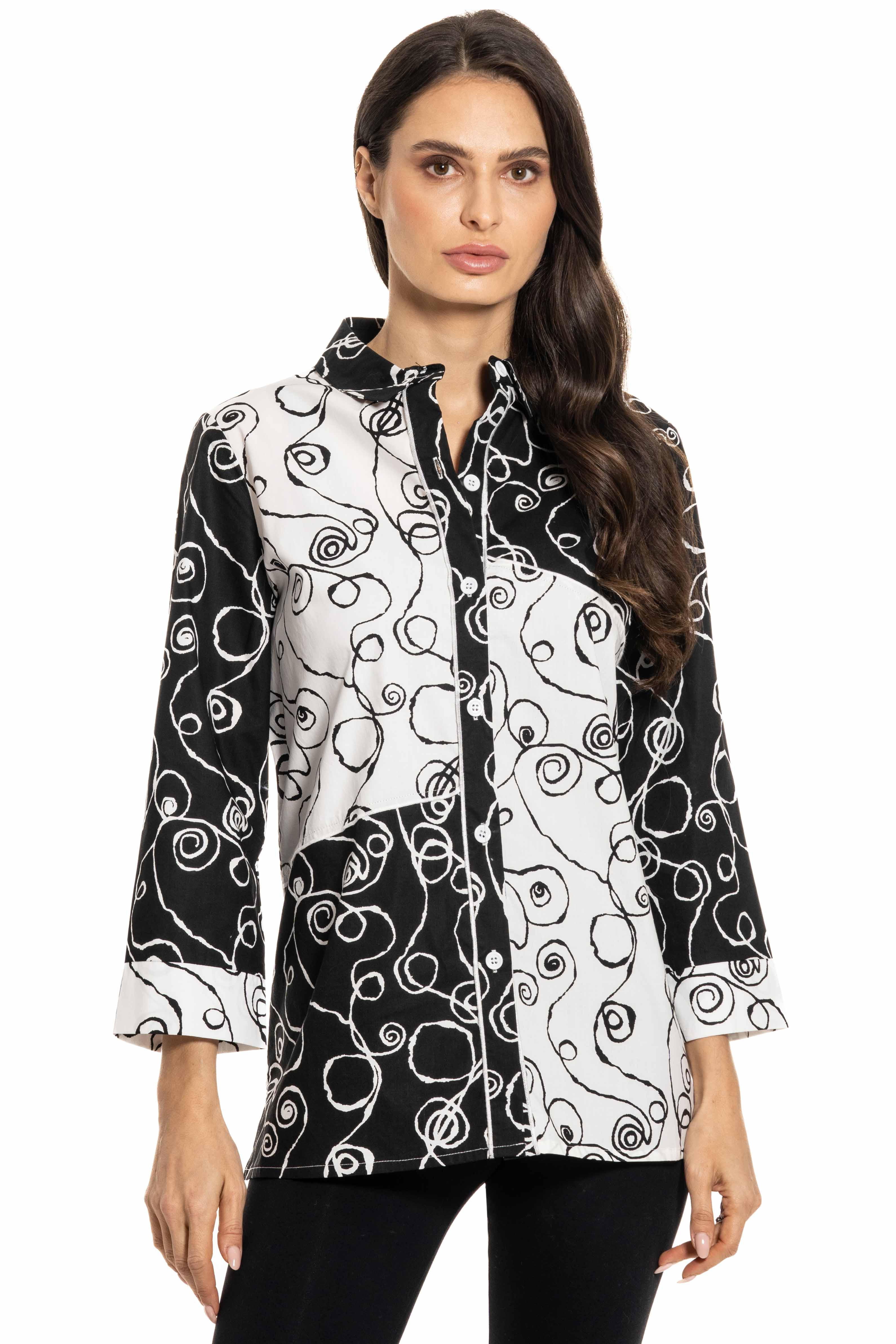 Adore - Wholesale Button Down Shirt - Women's - XMX-29 - Black and White Abstract Print Button Up Blouse