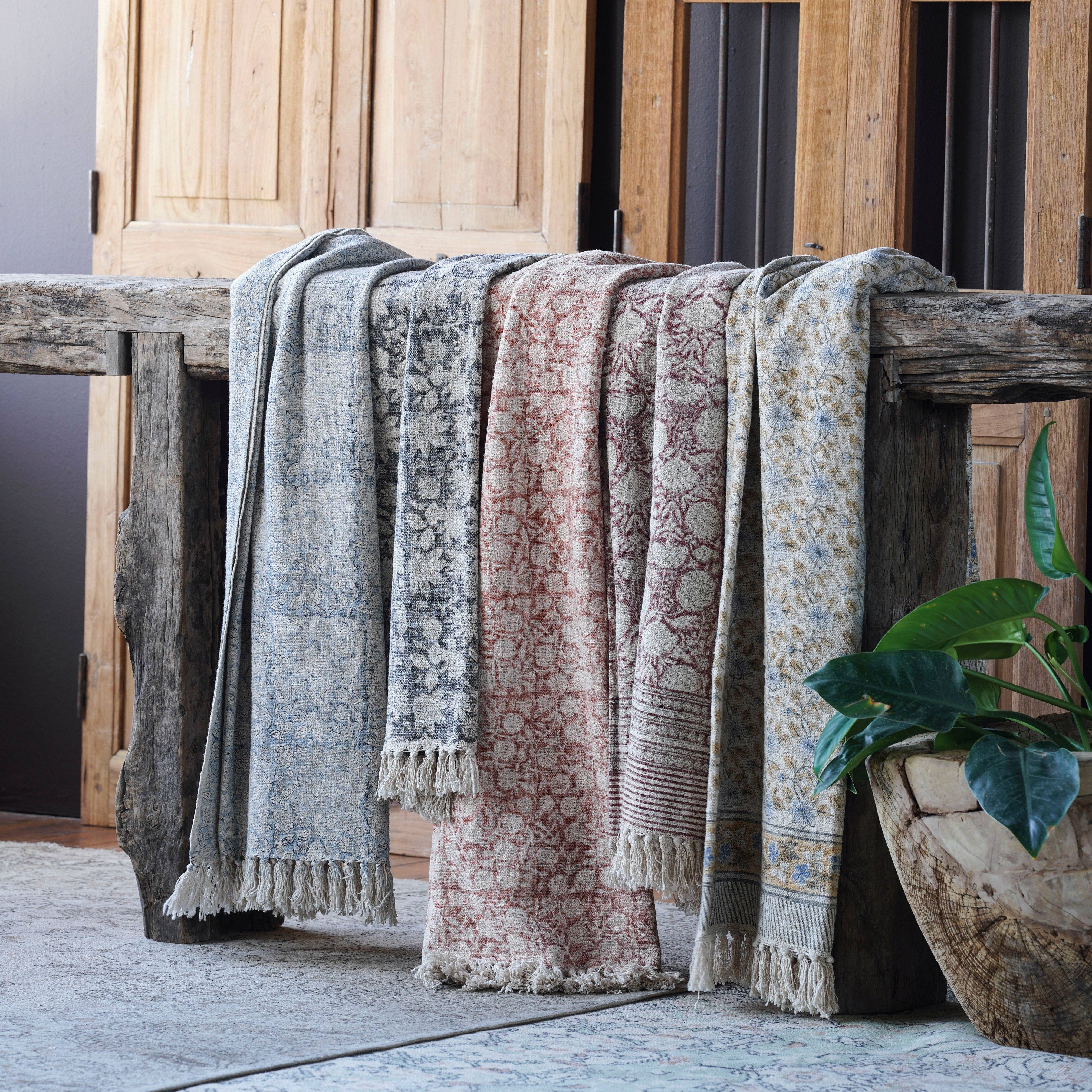 Blue Ocean Traders - Wholesale Throw Blanket - Handloom Cotton Throw w Light Brown Block Print1